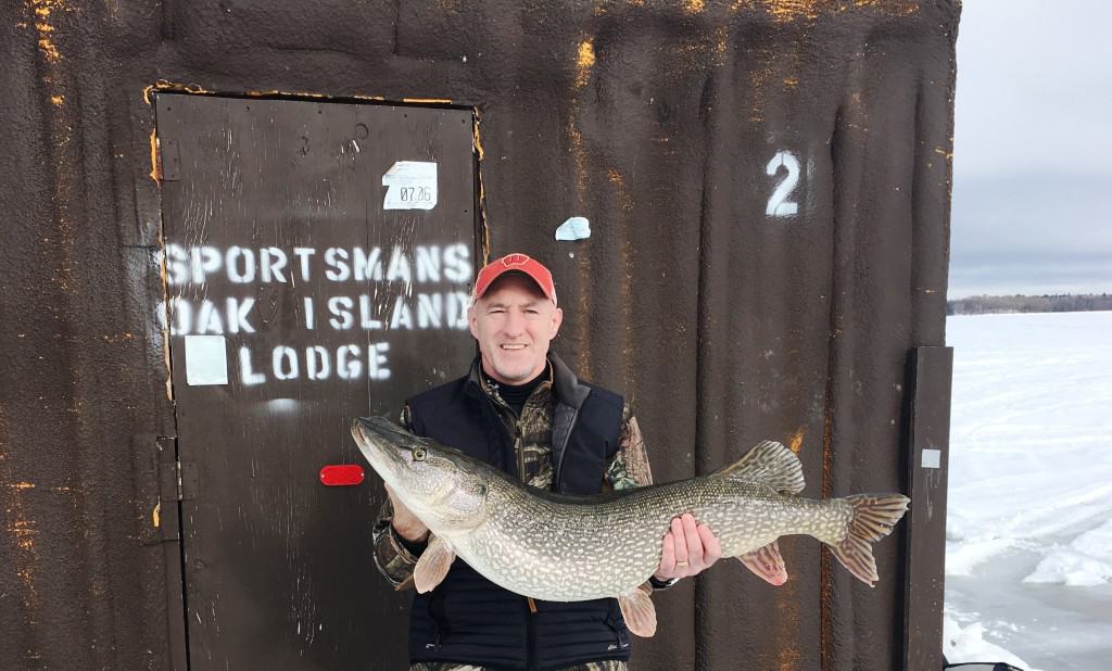 42 inch northern pike caught by Jim Kusilek on a medium action St Croix rod 8lb test and swedish pimple Sportsmans Oak Island Lodge